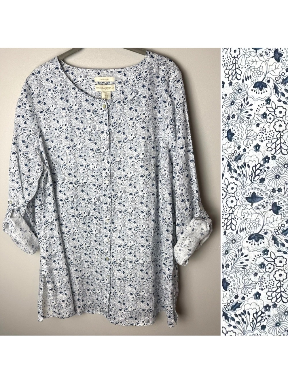 Cynthia Rowley Blouse Plus Size 1X 100% Linen Blue White Floral Button Front